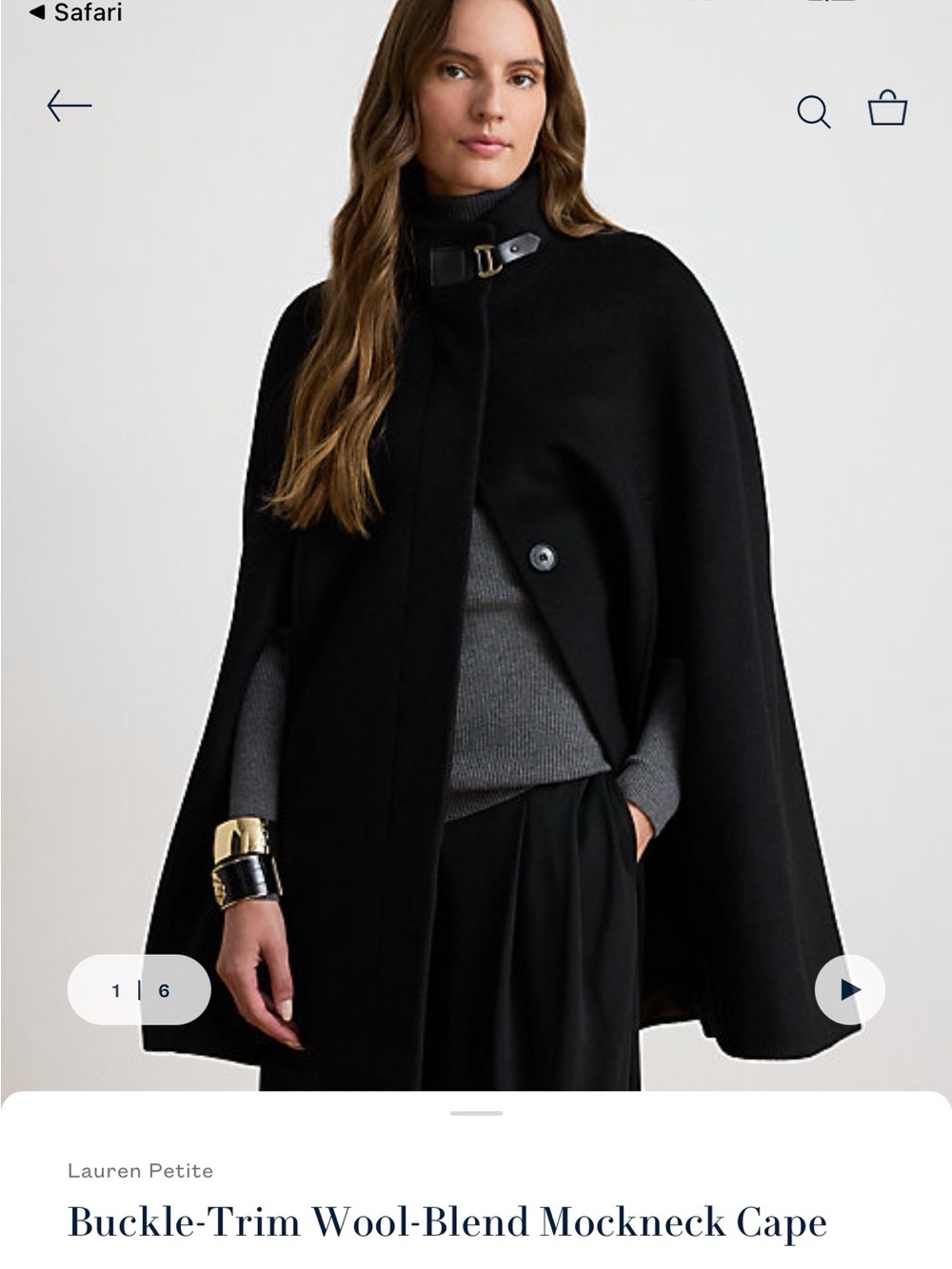 Lauren Ralph Lauren Black Wool-Blend Mockneck Cape with Buckle Trim